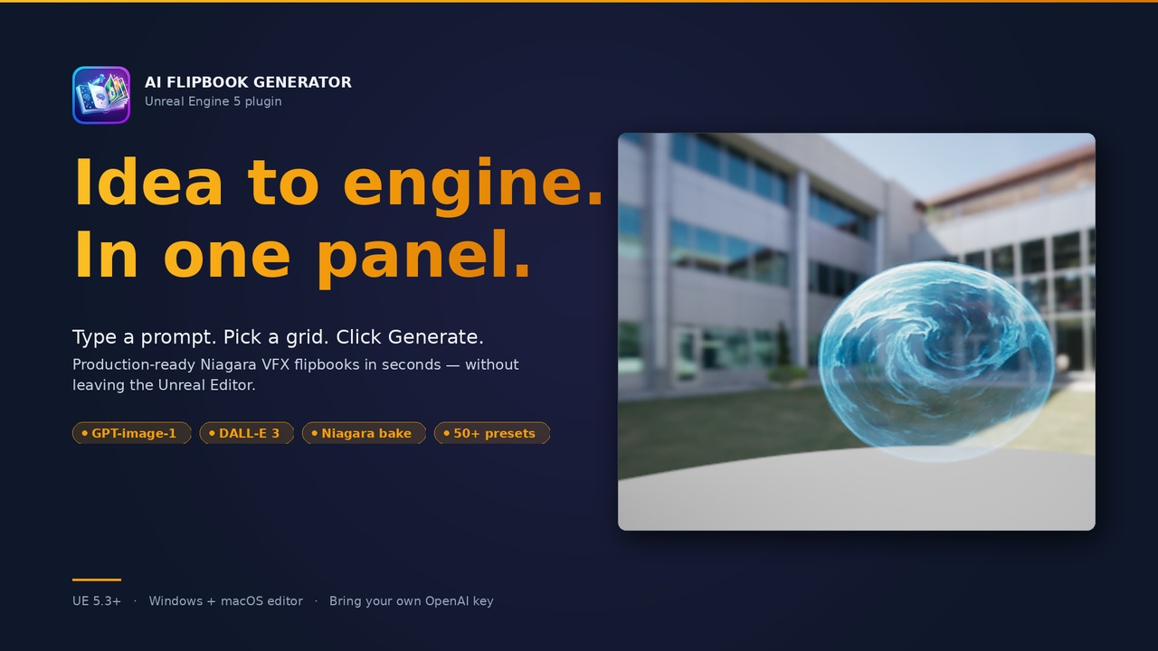 Media 1 for listing AI Flipbook Generator | Niagara VFX Spritesheets from Text Prompts