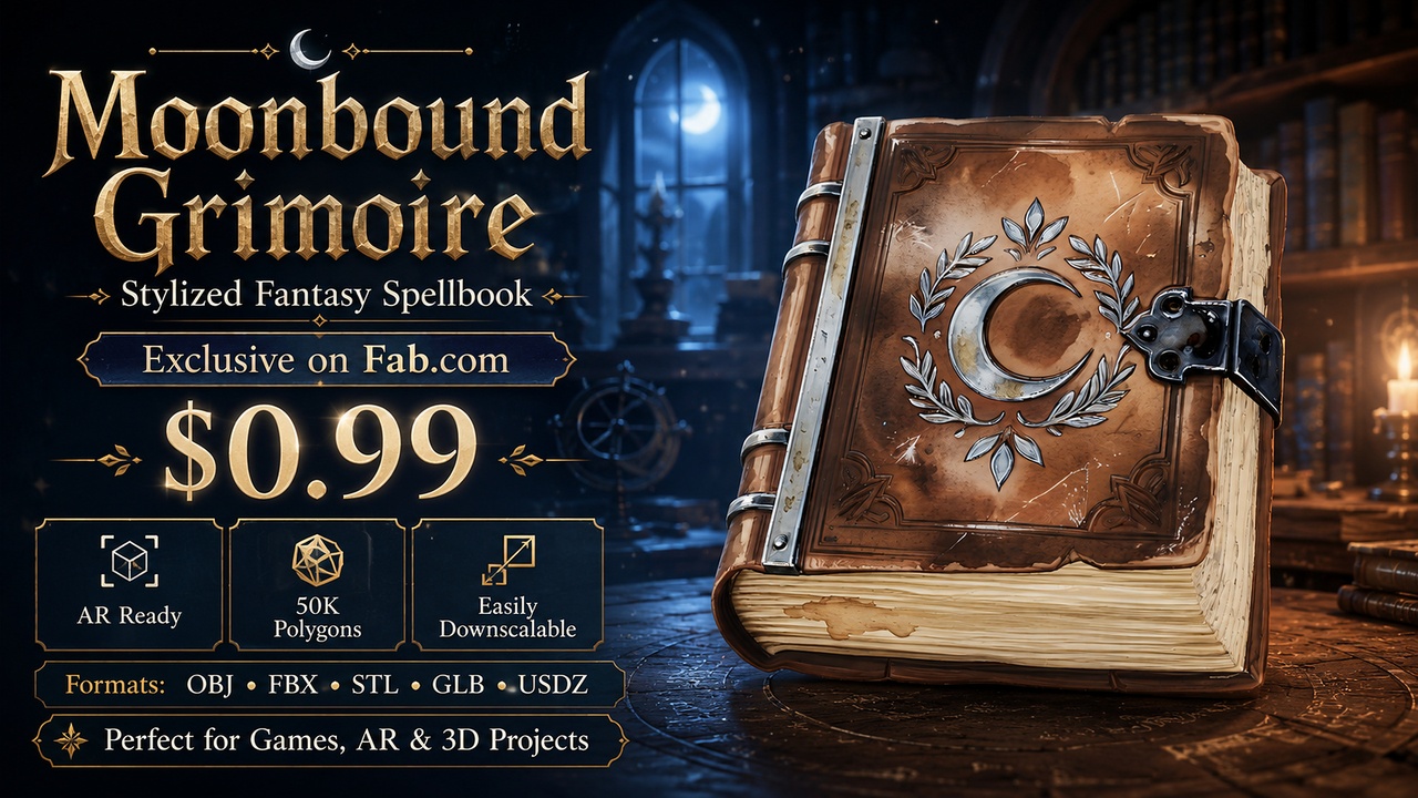 Media 1 for listing Moonbound Grimoire | Stylized Fantasy Spellbook | AR Ready