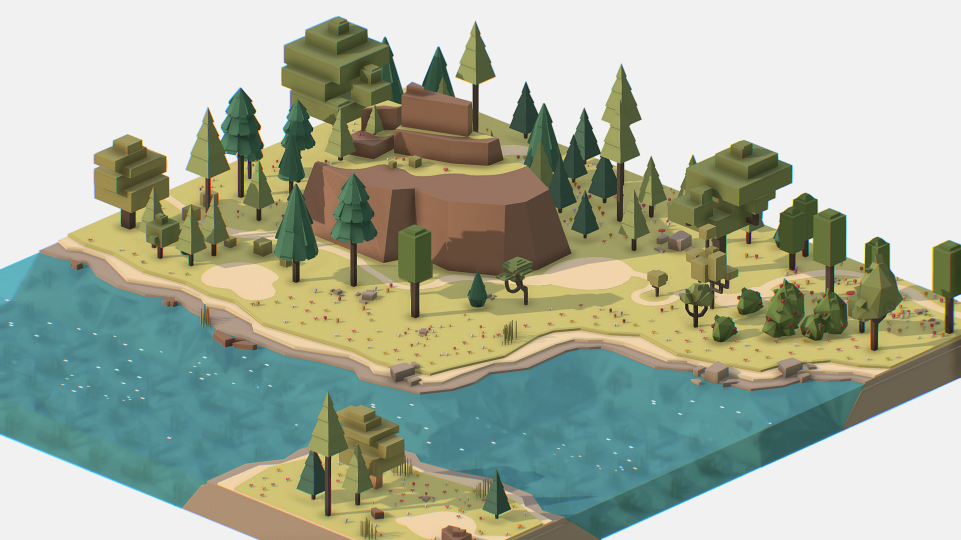 Summer Mountain Forest River Landscape Isometric Style Scene | Fab