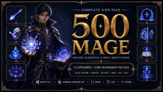 500 Mage & Wizard Arcane, Elemental & Spell Ability Icons — Cobalt Game Assets