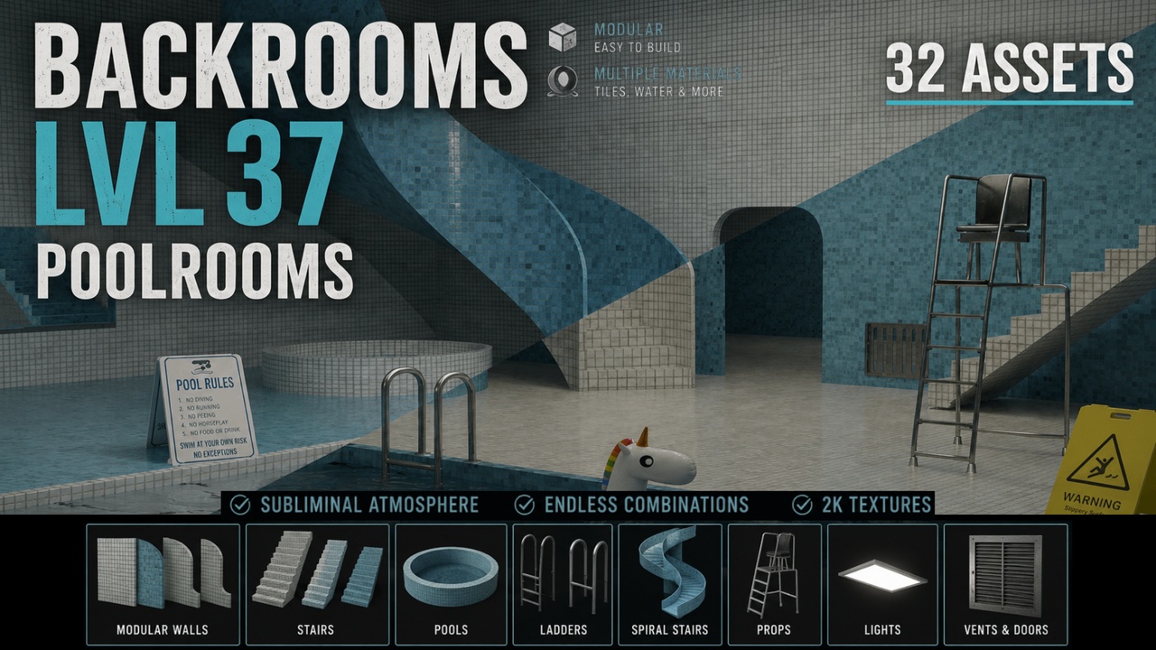 Media 1 for listing Backrooms Level 37 - Poolrooms Modular Asset Pack