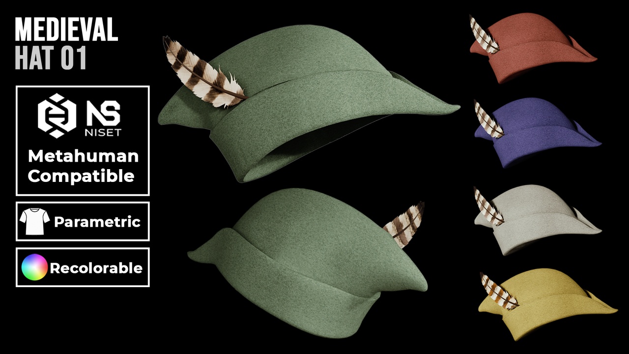 Media 1 for listing Medieval Hat 01 - Recolorable Parametric Archer Cap for Metahuman MH UE5 MHPKG