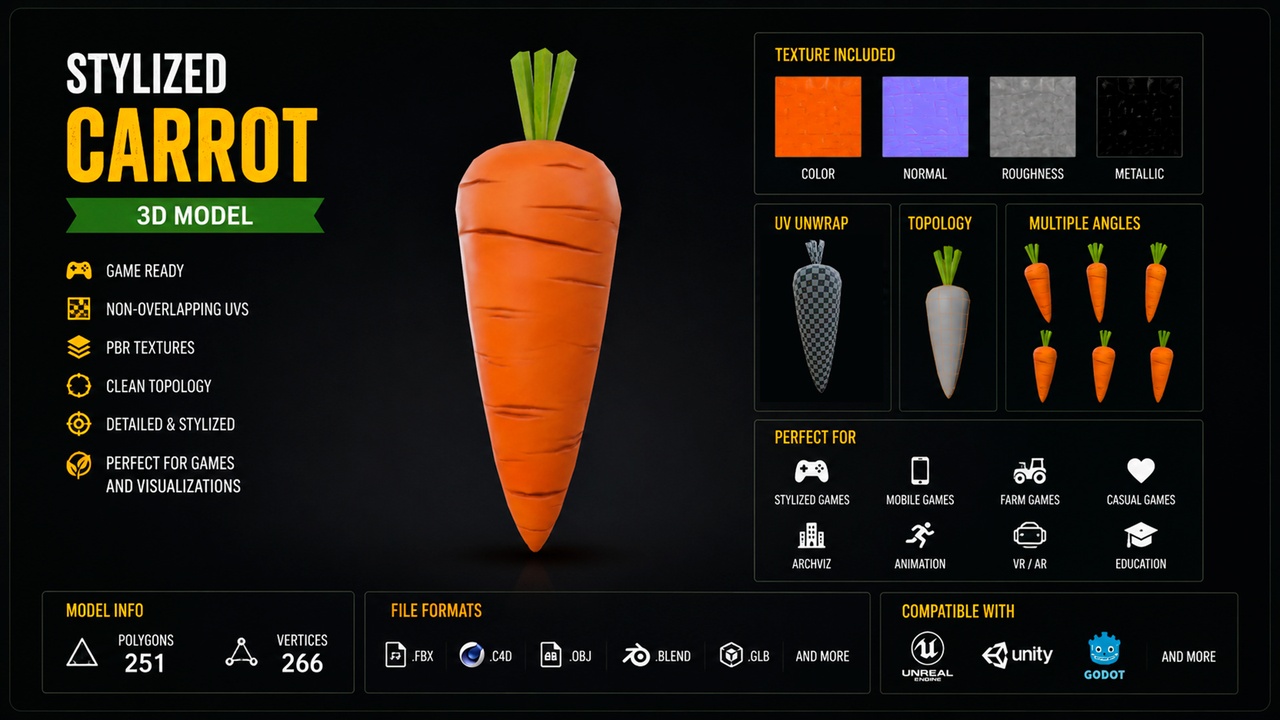 Media 1 for listing Carrot Low Poly - Stylized Food Asset