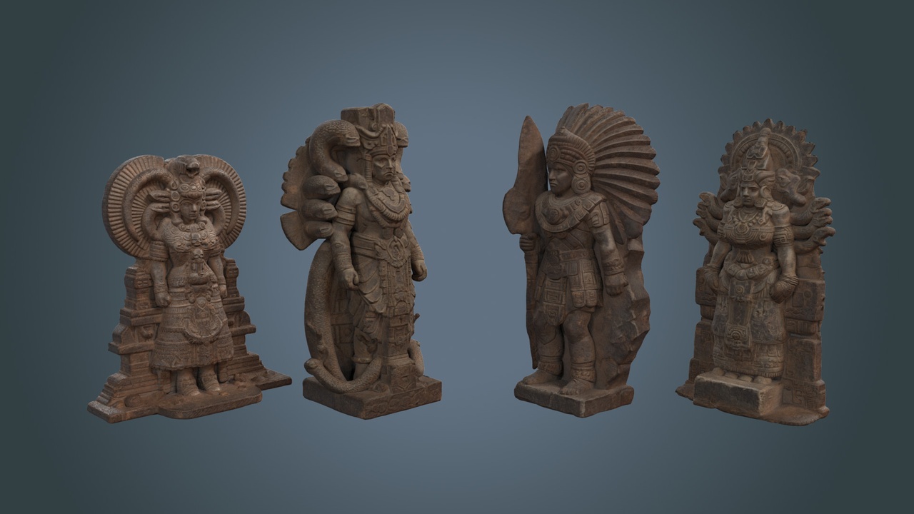 Media 1 for listing Aztec Stone Statues Pack 02 – Stylized Warrior Sculptures (7 Props)