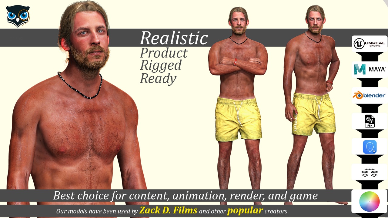 Lifeguard Survivor 3D Model Realistic Beach Man with Sunburn 제품 등록을 위한 미디어 1개