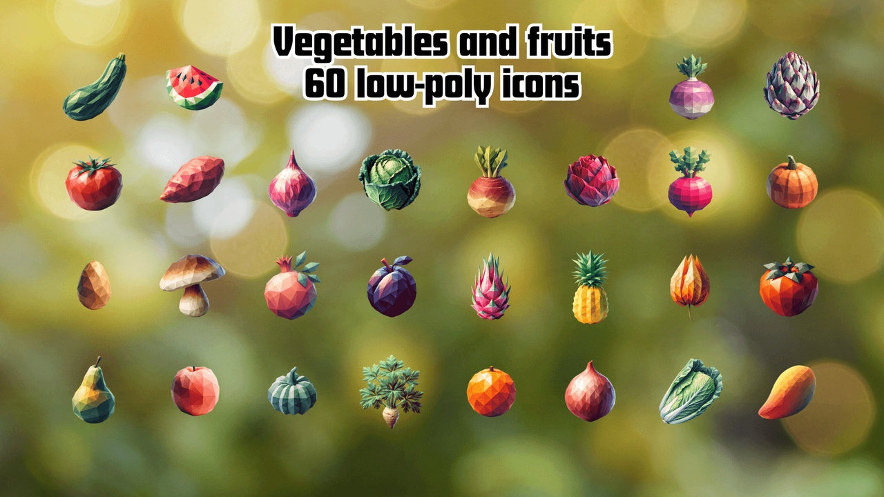 Media 1 for listing 2D Low-Poly Fruits & Veggies - 60 Icon Set with Transparency