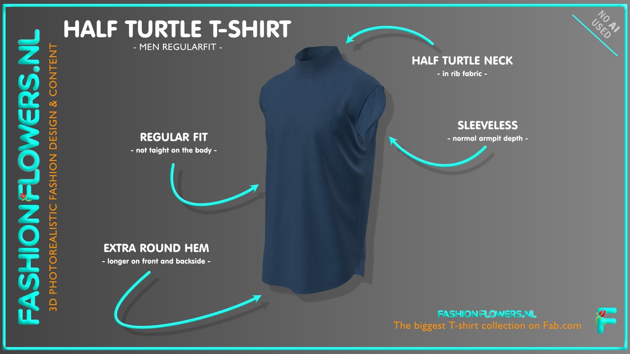 Media 1 for listing Blue Colour Half Turtleneck Sleevless T-shirt With Extra Rounded Underside