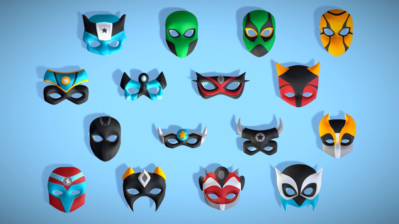Media 1 for listing 16 Kids Superhero Mask Pack - Cartoon Low Poly - Stylized Face Masks Collection