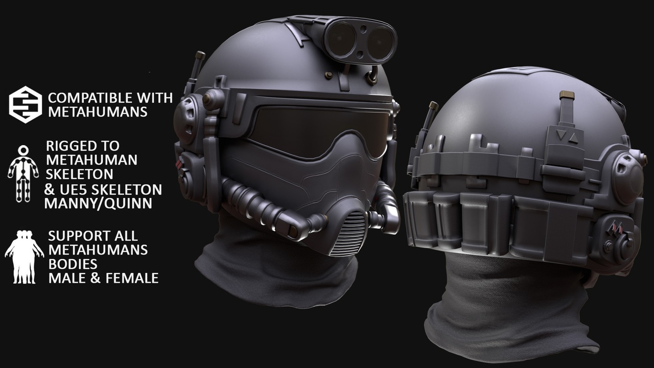 Media 1 for listing Military Helmet Metahuman 3D model 2 - MH & UE5 Skeletons - Rigged