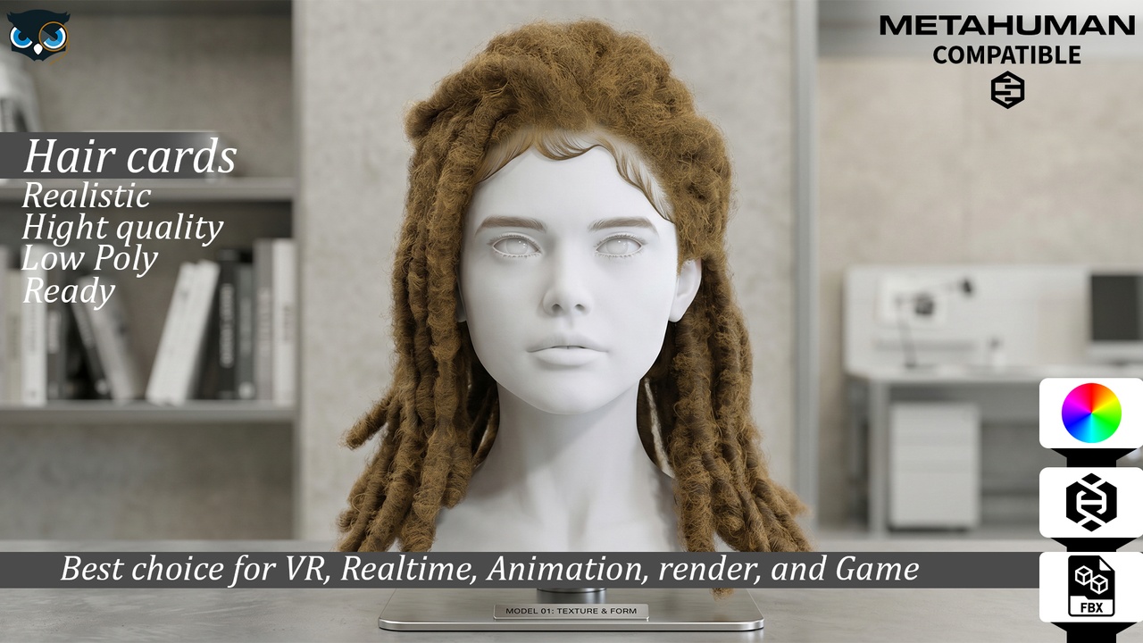 Media 1 for listing Realistic Dreadlocks Hairstyle for MetaHuman Compatible Game Ready Hair Cards