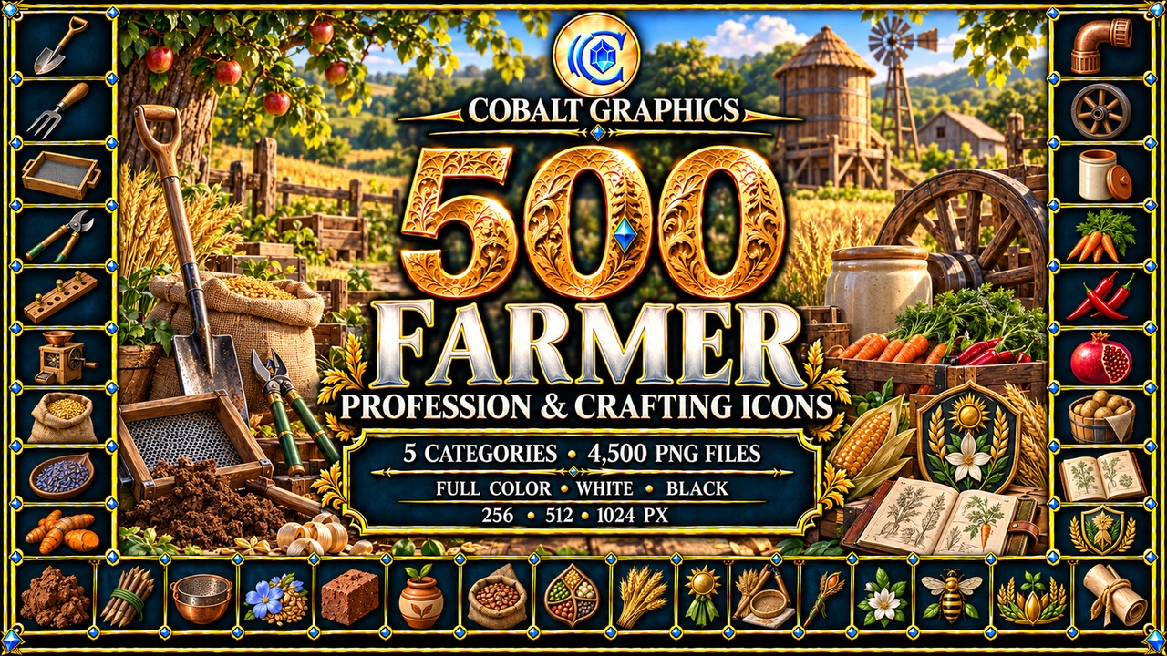 Media 1 for listing 500 Farmer Profession Icons | RPG Farming, Crops, Seeds & Harvest