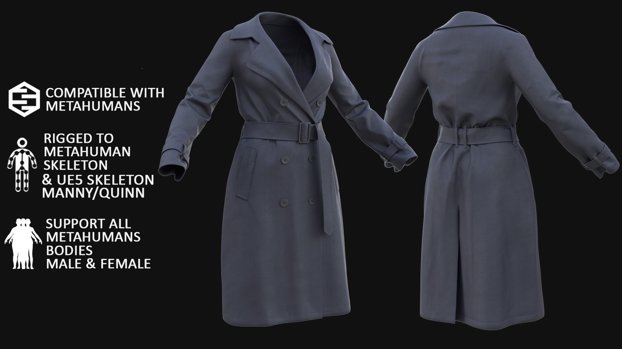 Media 1 for listing 3D Coat Model For Metahuman 113 - All MH Bodies & UE5 Skeletons - Rigged