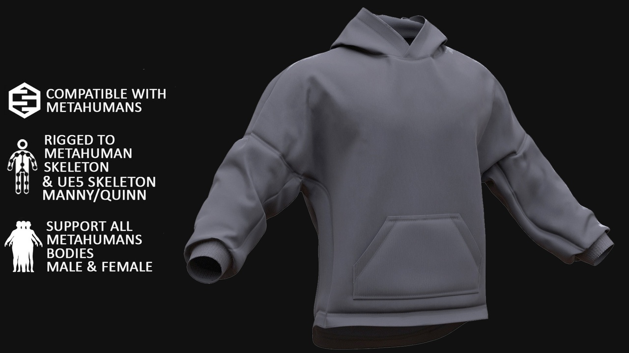 Media 1 for listing 3D Hoodie Model For Metahuman 123 - All MH Bodies & UE5 Skeletons - Rigged