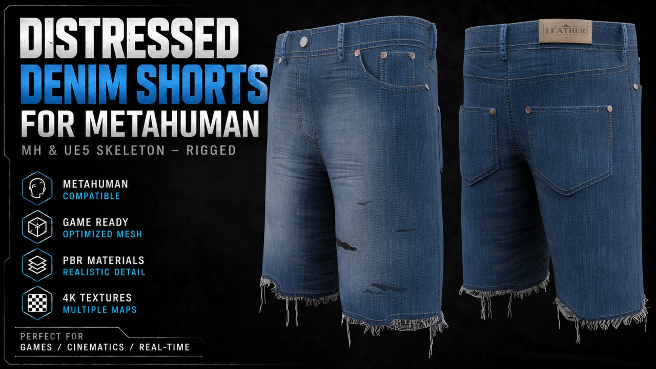 Media 1 for listing Distressed Denim Shorts for MetaHuman – MH & UE5 Skeleton – Rigged