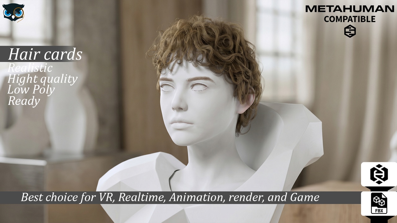 出品Short Curly Hair Cards MetaHuman Compatible Realistic Low Poly Game Readyのメディア1