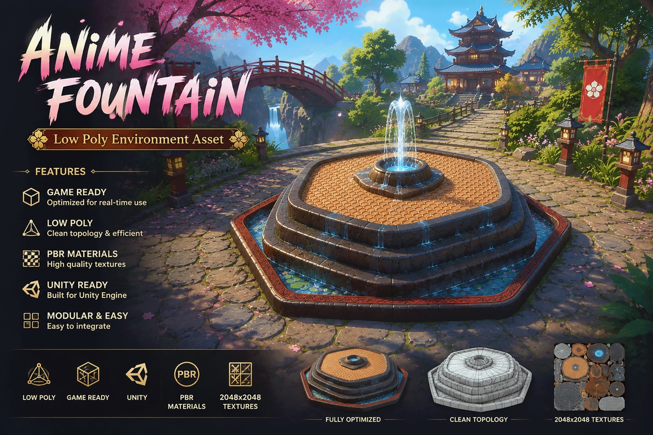 Media 1 for listing Stylized Anime Fountain Plaza – Low Poly Game Ready Environment Pack