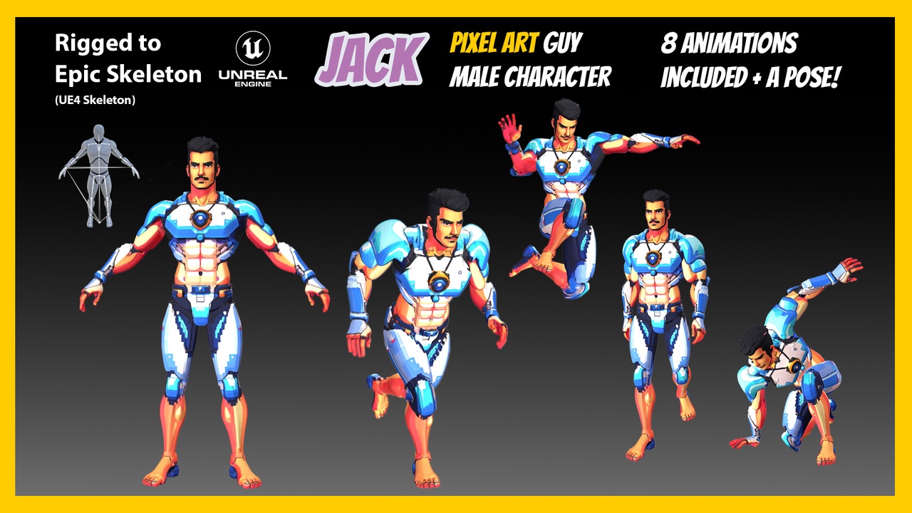 Media 1 for listing Jack / Stylized Pixel Art Male Character – Rigged to UE Skeleton + 8 Animations
