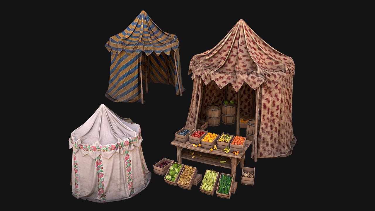 Media 1 for listing Medieval Market Stalls Cylindrical Tent Fruits Vegetables