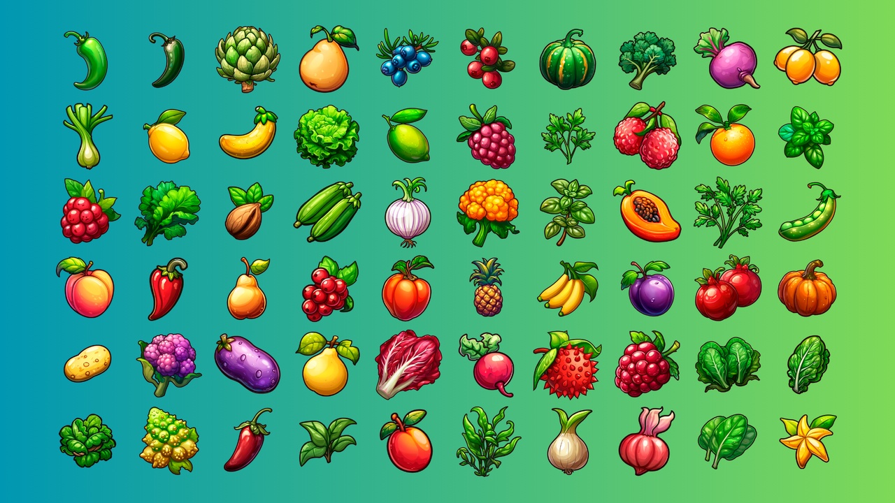 Media 1 for listing 138 Colorful 2D Farm Fruits and Vegetables Icons