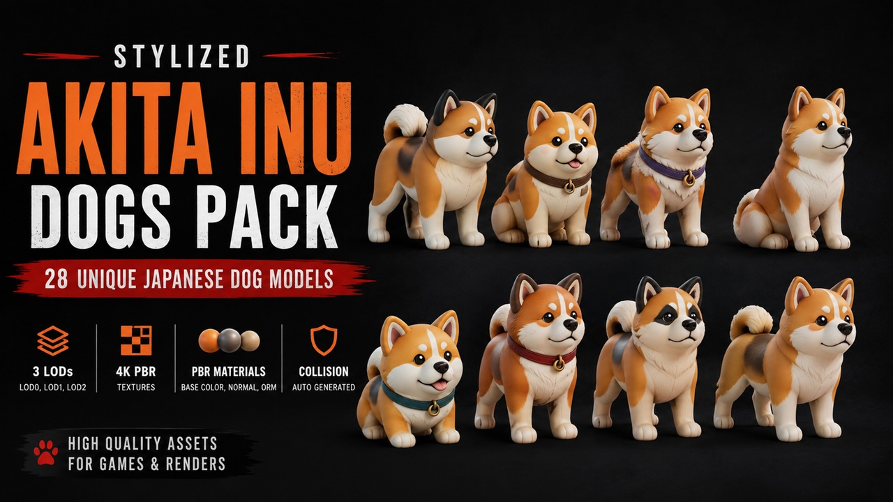 Media 1 for listing Stylized Akita Inu Dogs Pack – 28 Japanese Dog Toys Models