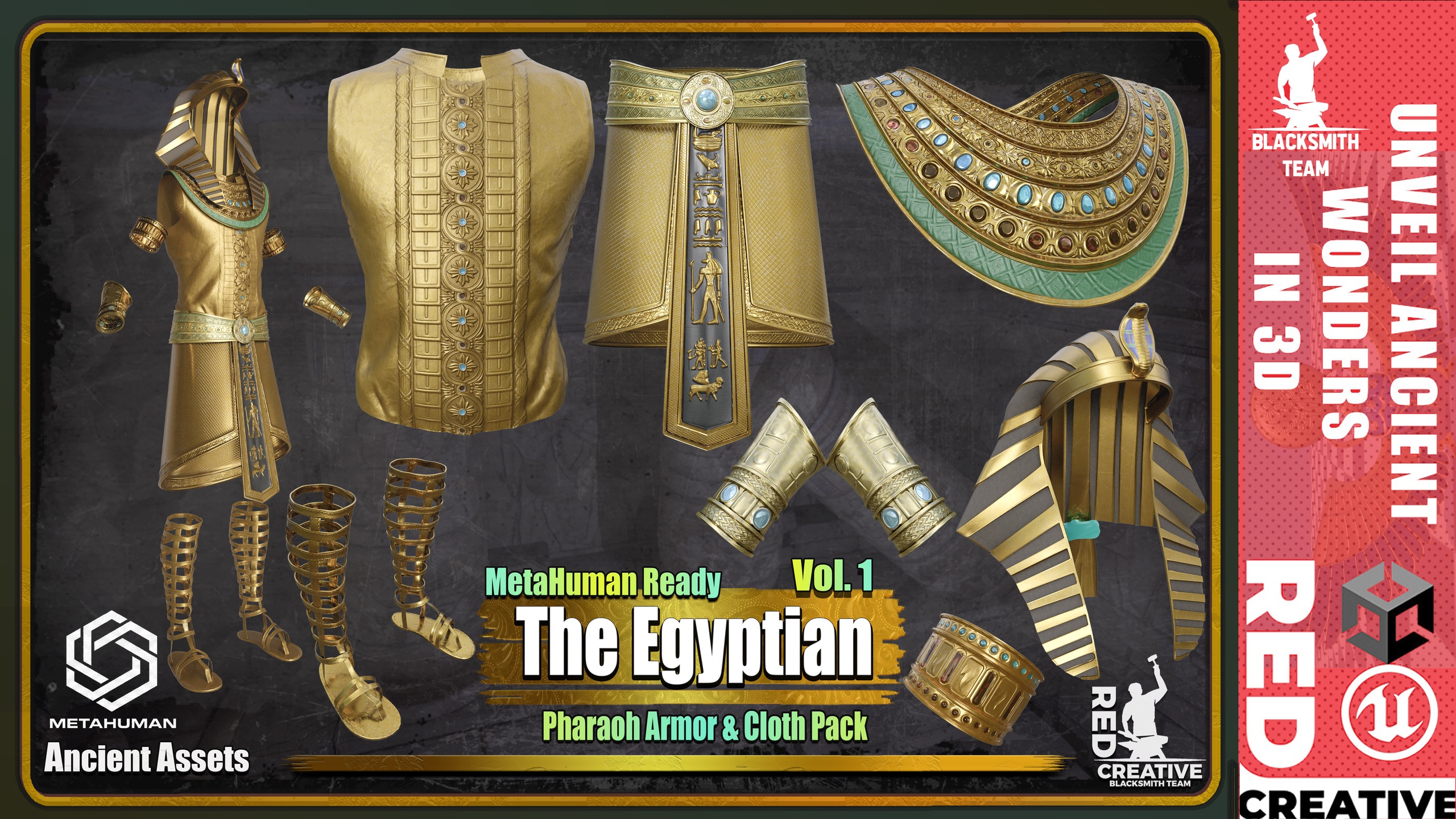 Media 1 for listing Ancient Egyptian Pharaoh Armor & Cloth Pack – MetaHuman Ready (Vol. 1)