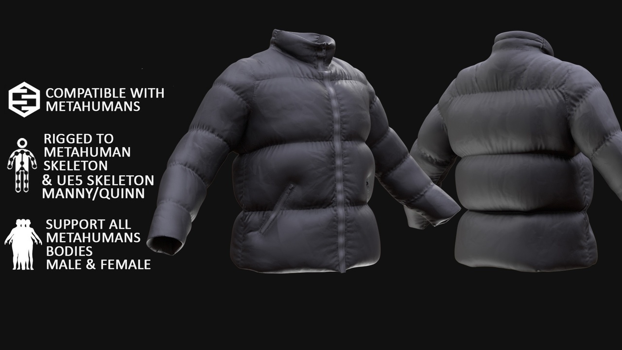 Media 1 for listing Puffer Jacket for Metahuman 3D model 218 - MH & UE5 Skeletons - Rigged