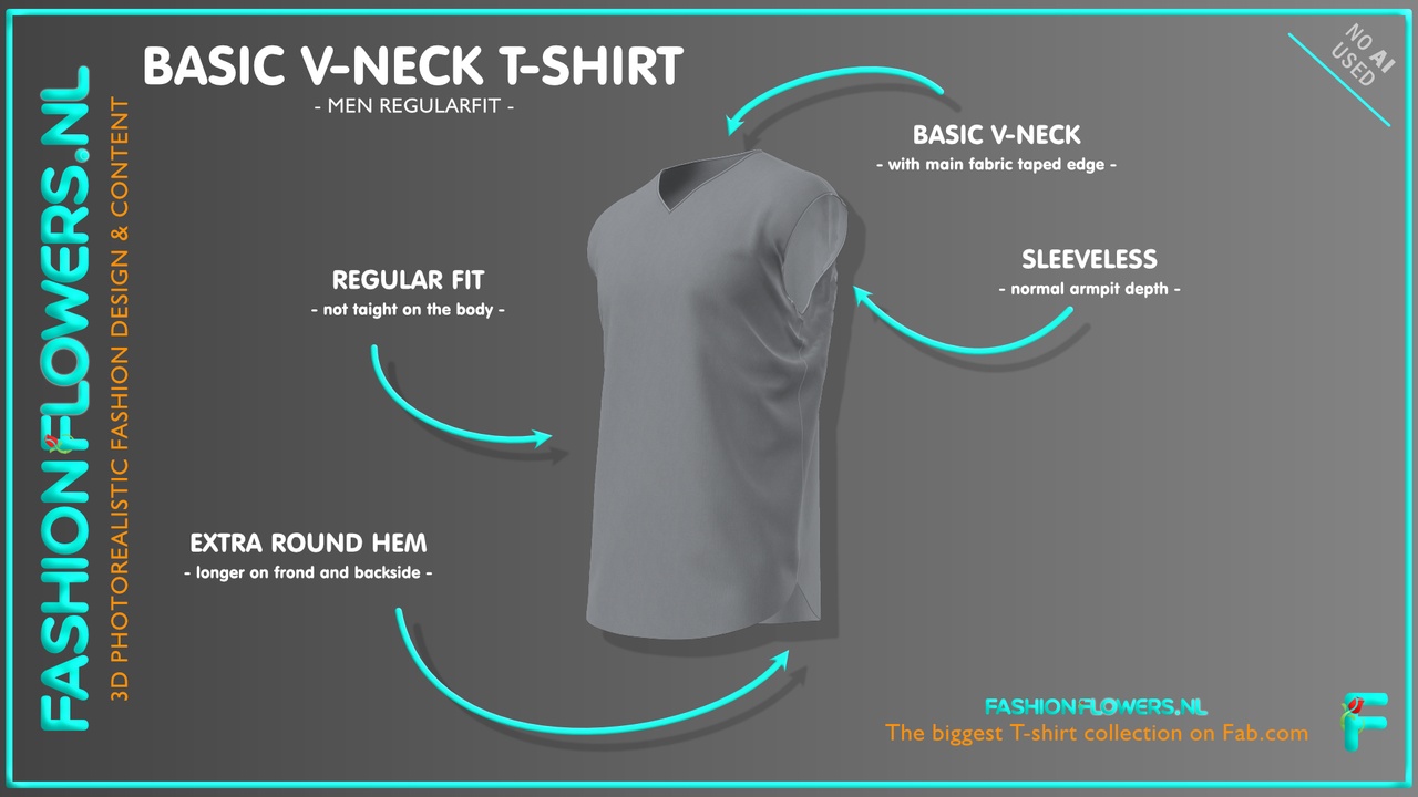 Media 1 for listing Gray Colour Sleeveless Extra Rounded Underside V-Neck T-shirt | Taped V-neck