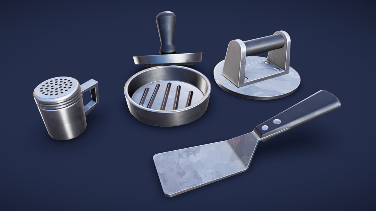 Stylized Burger Tools: Spatula, Patty Press, Salt Shaker - Game Ready | Fab