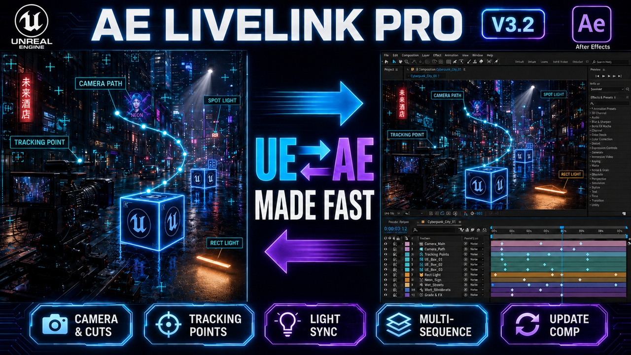 Media 1 for listing AE LiveLink Pro – After Effects ⇔ UE5 Camera, Tracking & Sequencer Bridge