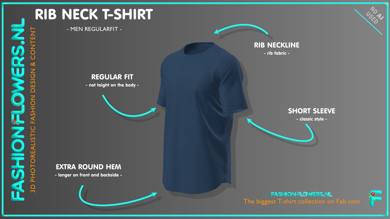 Media 1 for listing Blue Colour Extra Round Underside T-shirt with Ribneck | Short Sleeves Tshirt