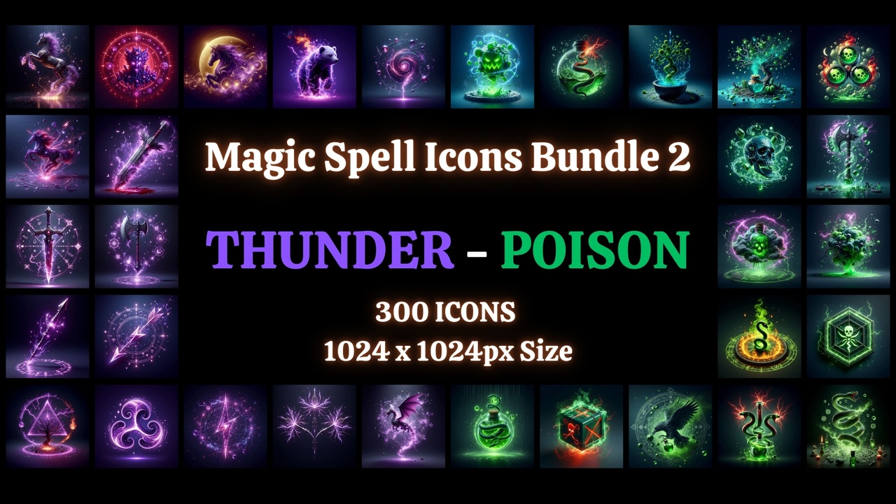 Magic Spell Icons Bundle 2 - Thunder and Poison | Fab