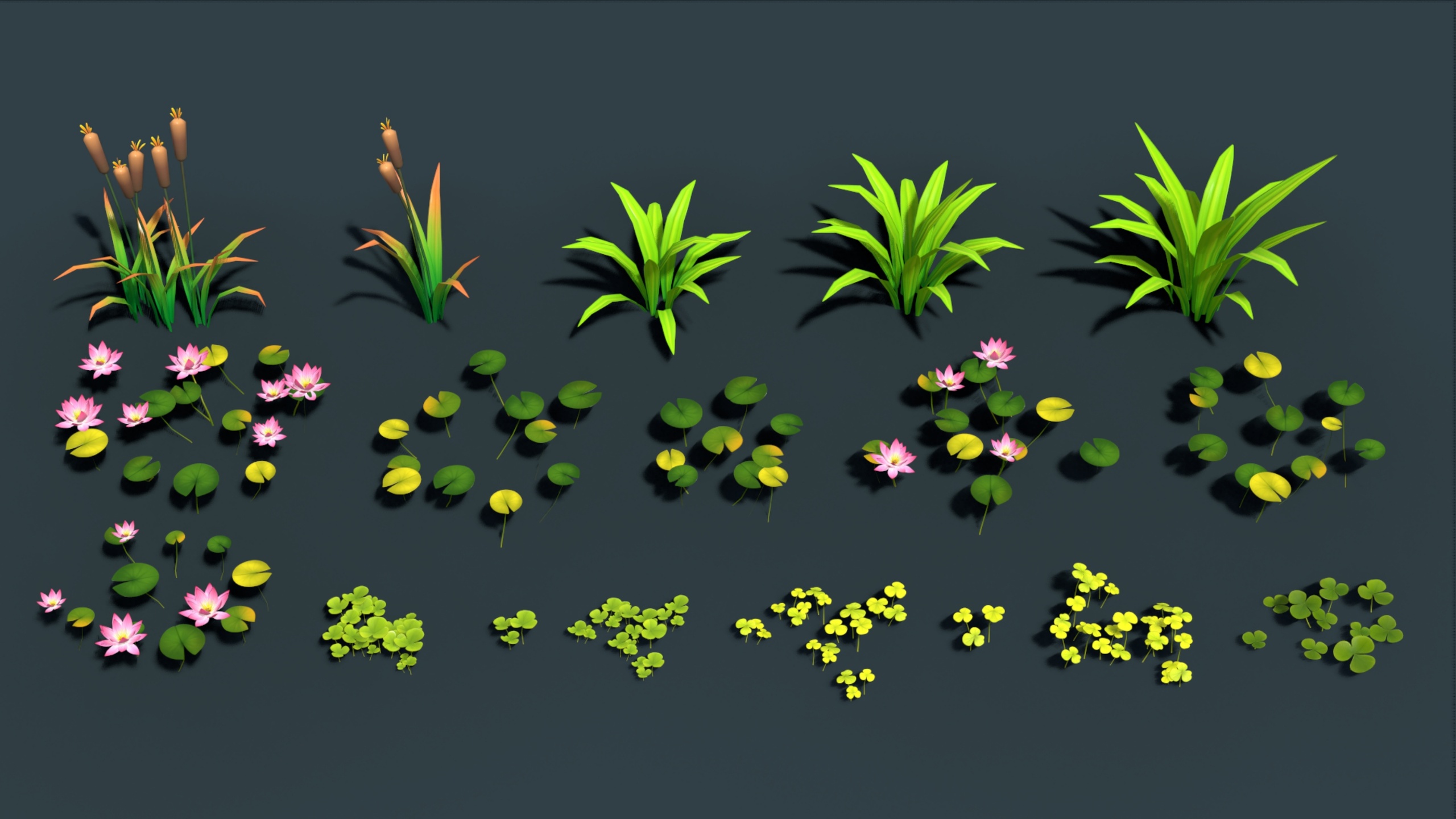 الوسائط 1 للقائمة ToonFlora – Stylized Lowpoly Water Lilypad lotus & Clover Pack Vol–3