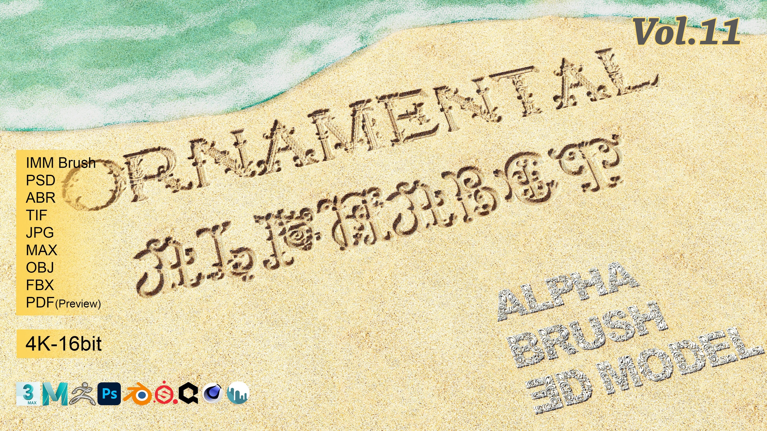 Media 1 for listing Ornamental Alphabet Brush,Alpha & 3D Model Vol 11