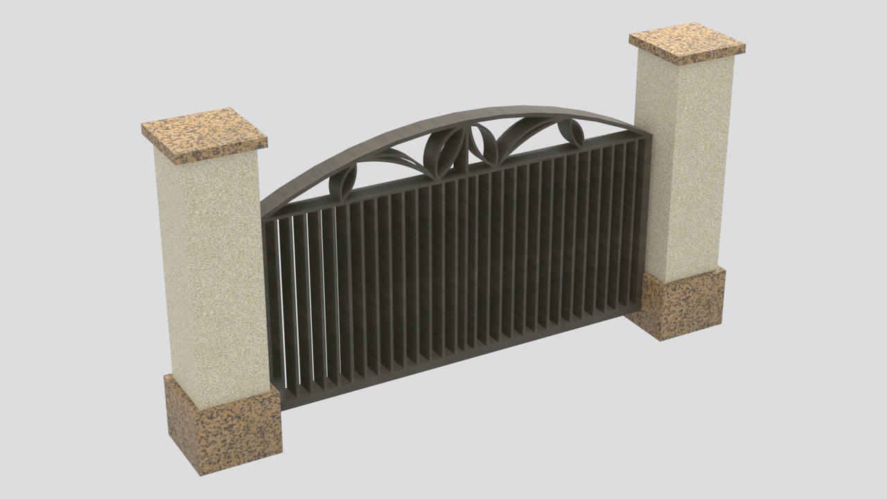 Media 1 for listing Modern Wrought Iron Entry Gate with Granite Stone Posts 3D Model