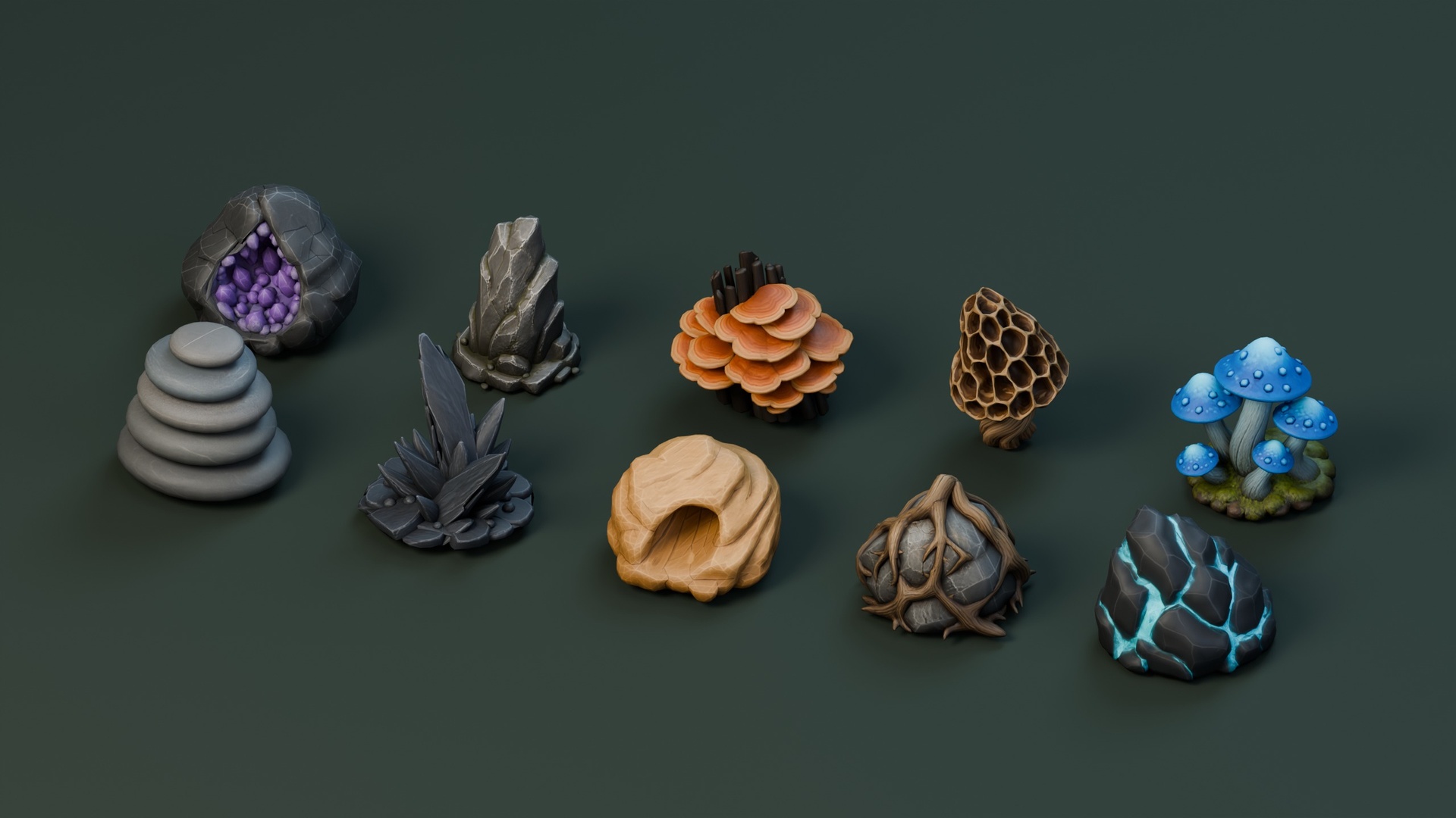 Media 1 for listing Stylized Rocks & Mushrooms Pack – 10 Models