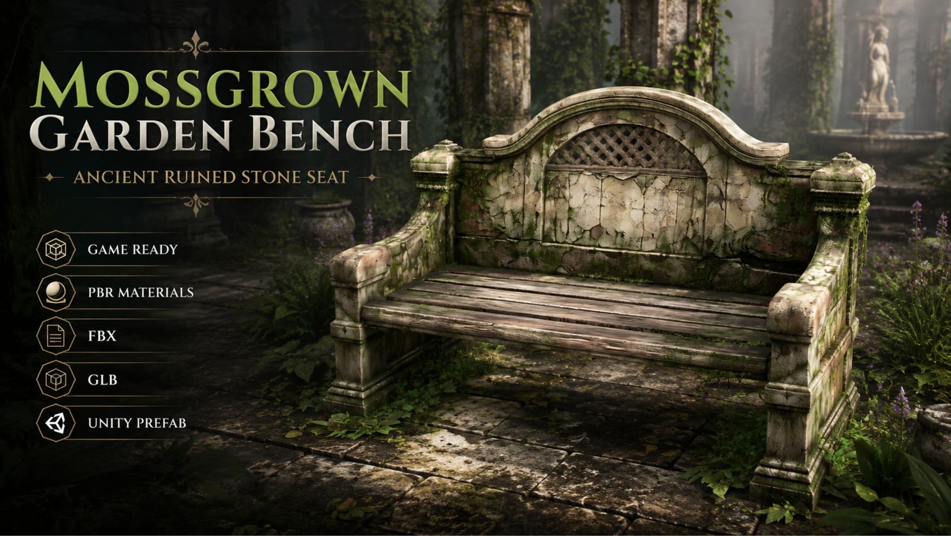 Media 1 for listing Mossgrown Garden Bench – Ancient Ruined Stone Seat