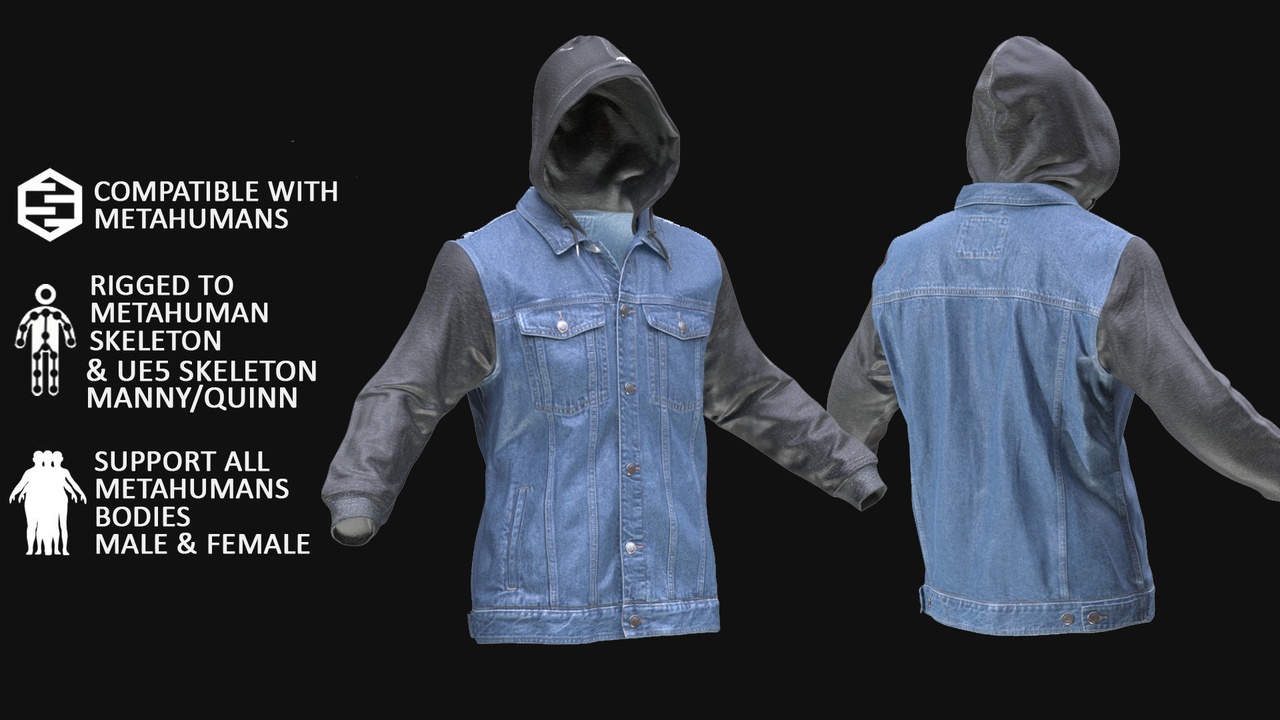 Media 1 for listing Denim Jacket Metahuman 3D model 173 - MH & UE5 Skeletons - Rigged