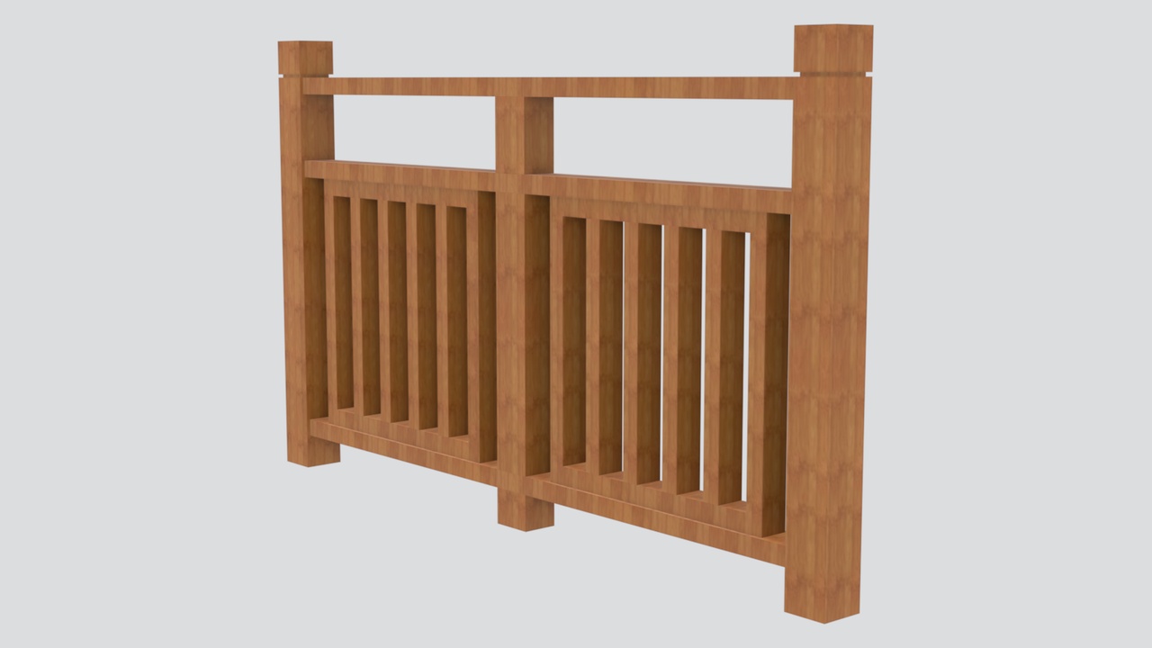 Media 1 for listing Two-Bay Timber Railing with Upper Open Band and Lower Slats 3D Model