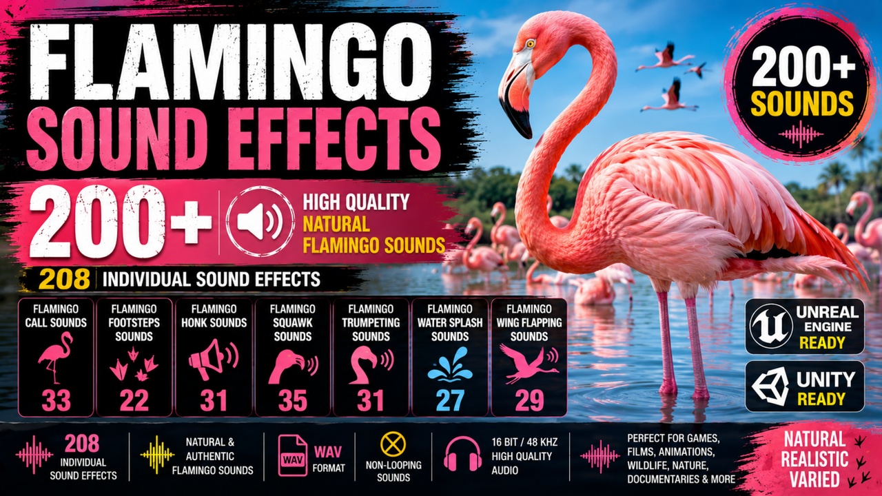 Media 1 for listing Flamingo Sound Effects 200+ – Calls, Honks, Squawks, Footsteps & Water Sounds