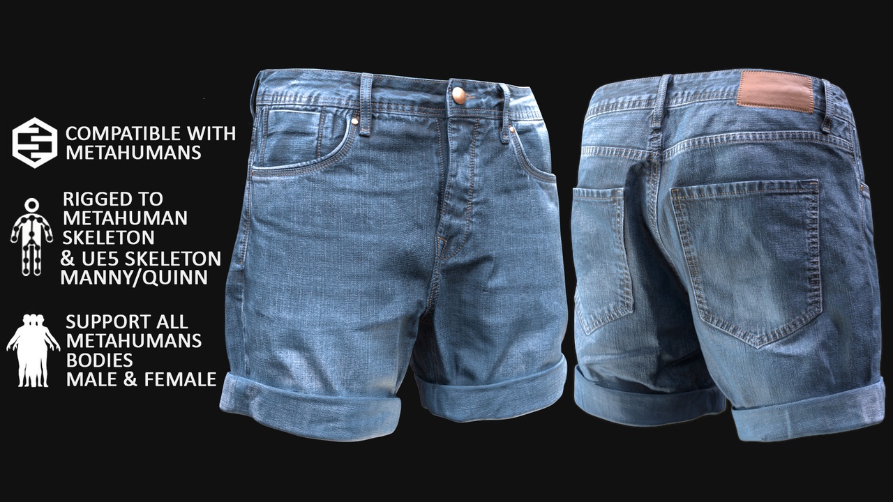 Media 1 for listing Denim Shorts for Metahuman 3D model 7 - MH & UE5 Skeletons - Rigged