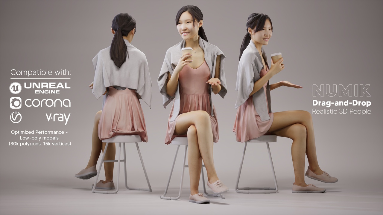 Media 1 for listing Jess 1003 3D People Asian Woman Sitting Casual Coffee Talking
