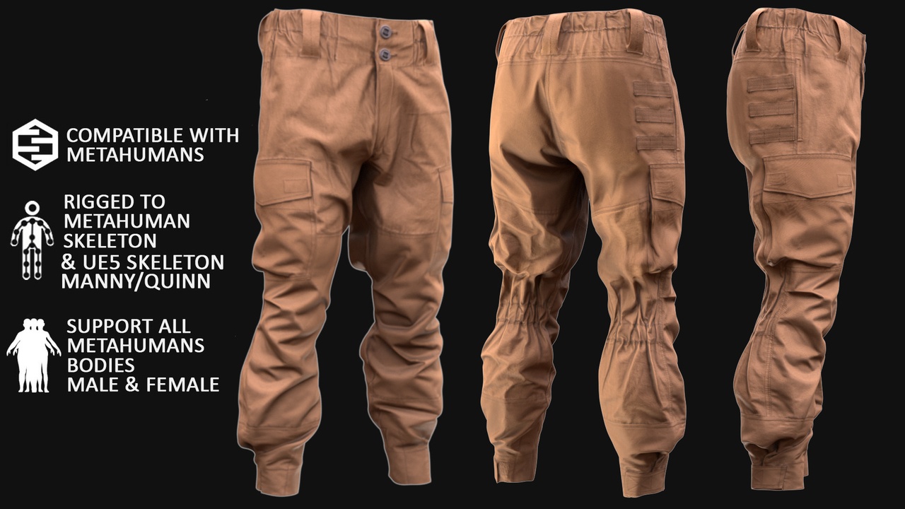 Media 1 for listing Tactical Pants Metahuman 3D model 24 - MH & UE5 Skeletons - Rigged