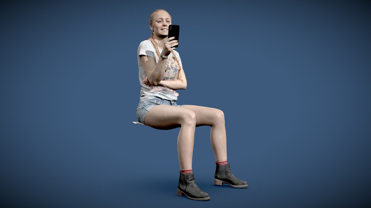 Media 1 for listing Happy casual young woman sitting using cellphone - 3D photo scan