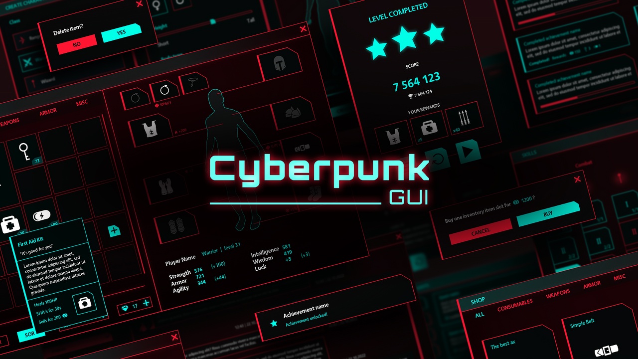 Media 1 for listing Cyberpunk complete GUI / UI Kit - 86 widgets, over 1300 PNG, editable sources!
