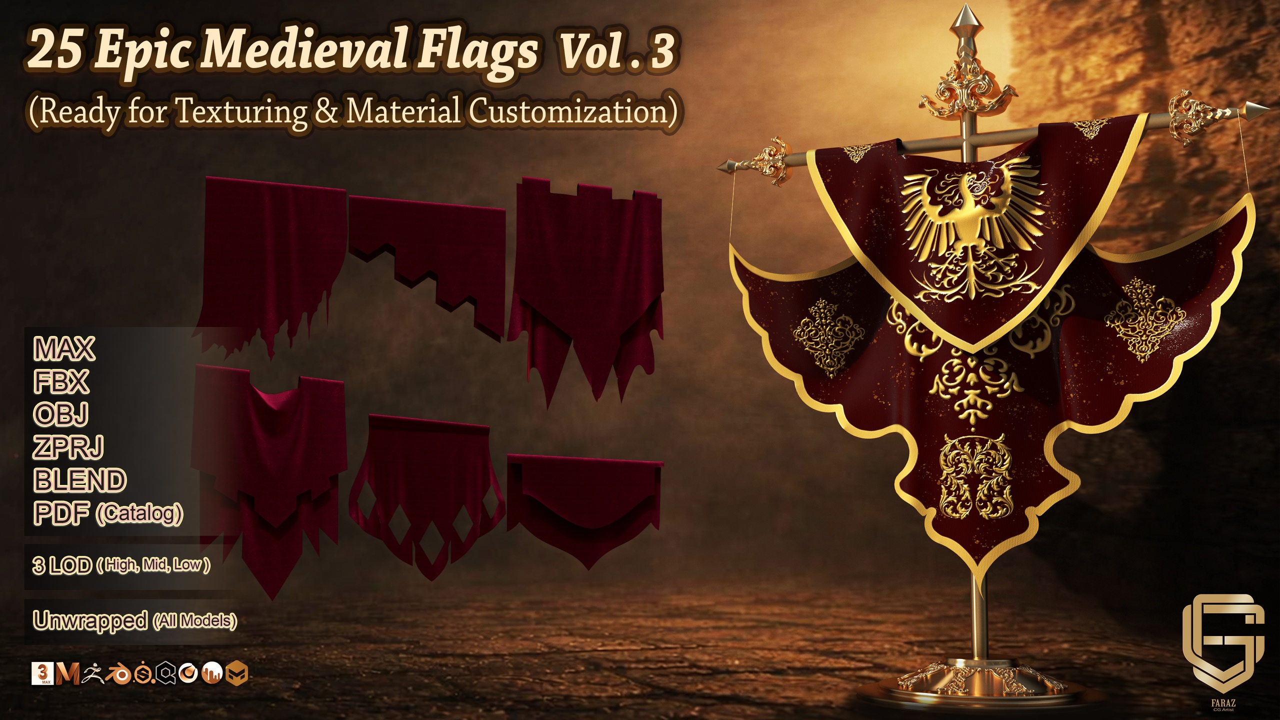 Media 1 for listing 25 Epic Medieval Flags Vol . 3 (Ready for Texturing & Material Customization)