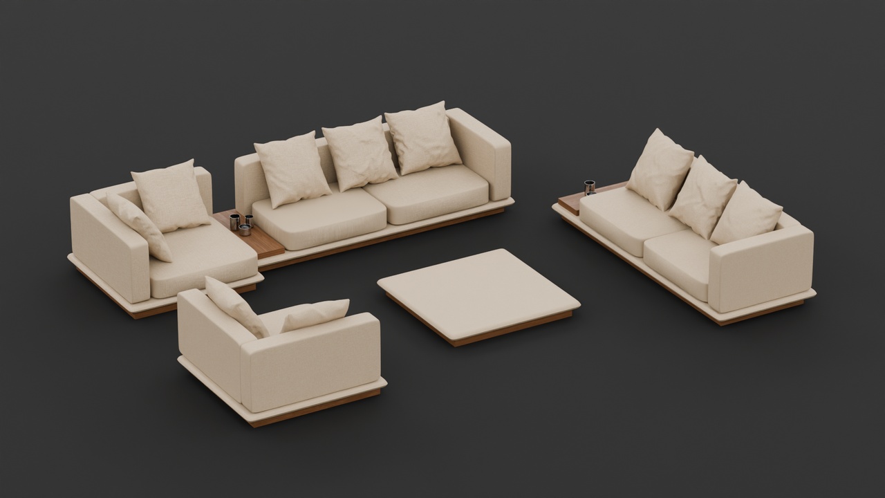 Media 1 for listing Modular Linen Sofa Set with Integrated Wooden Side Tables & Ottoman