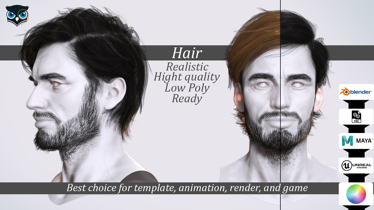 Multimedia 1 para anuncio Combed Hair with Textured Beard - Realistic 3D Male Hair