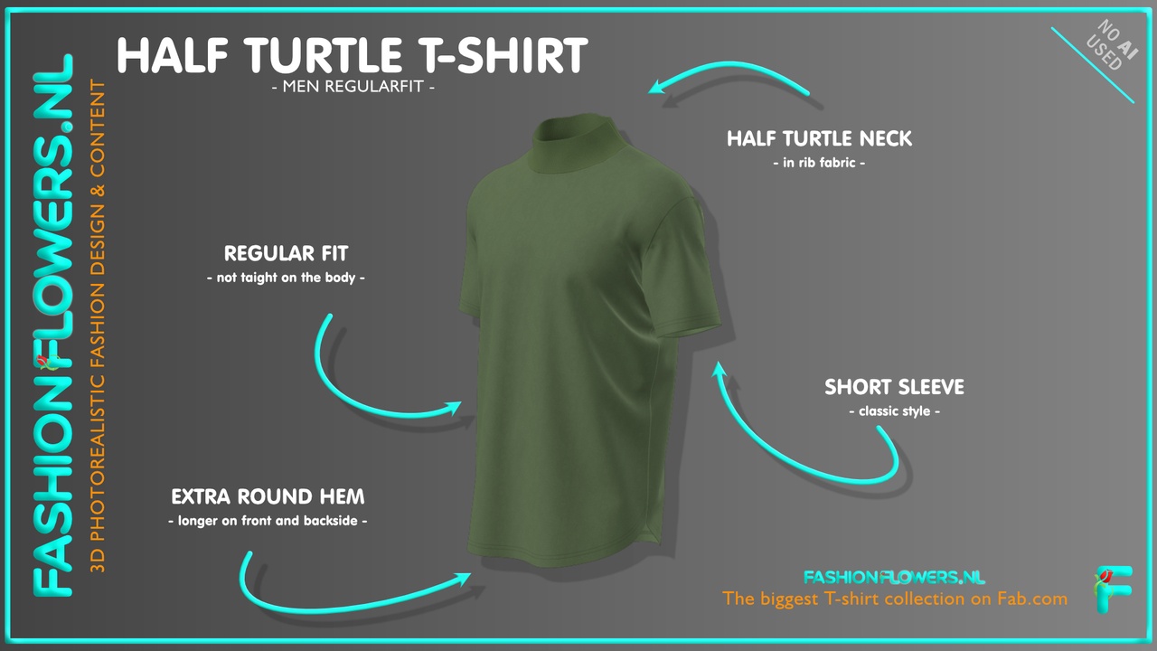 Media 1 for listing Green Colour Half Turtleneck Extra Rounded Hem T-shirt | Short Sleeve Tshirt