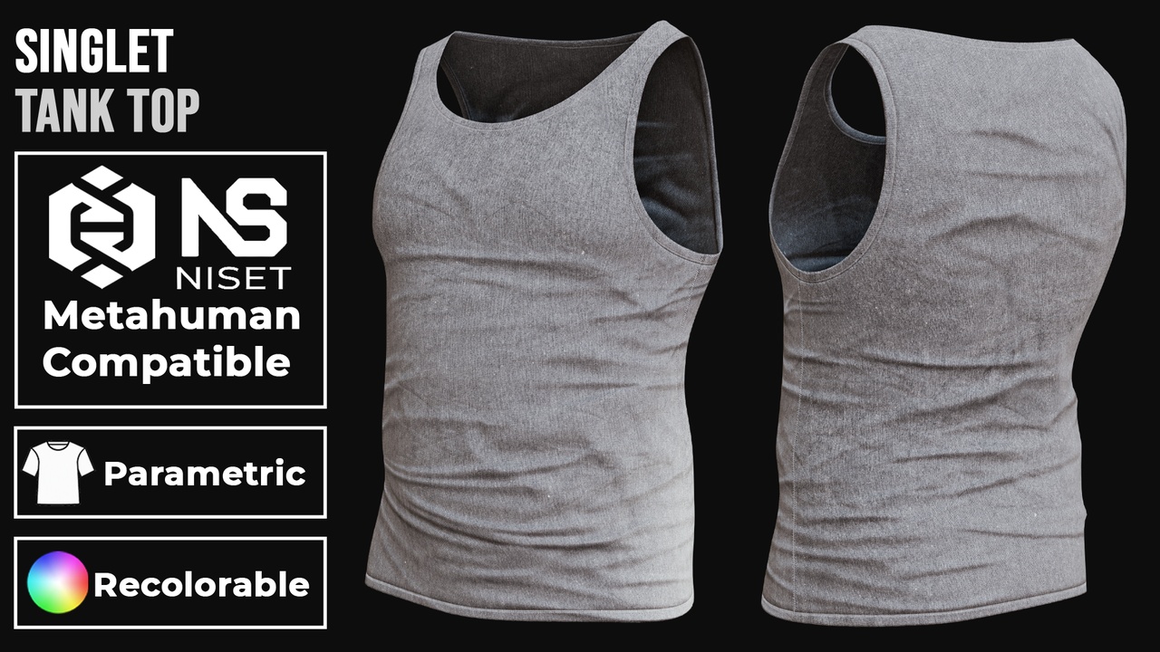 Media 1 for listing Ribbed Singlet 02 - Recolorable Parametric Tank Top for Metahuman MH UE5 MHPKG