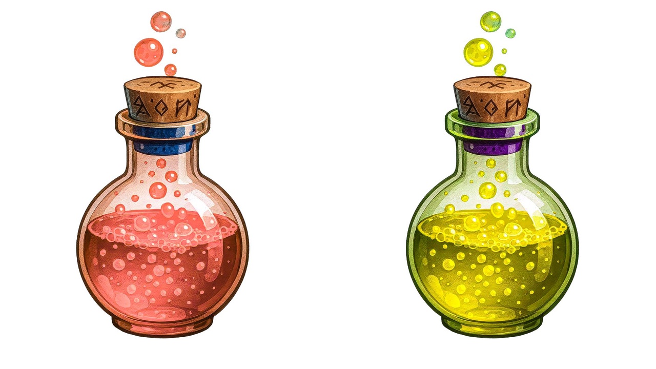 Media 1 for listing 4K Potion UI Icons — 10 Vintage Elixirs with Cork (4096px Transparent PNG)
